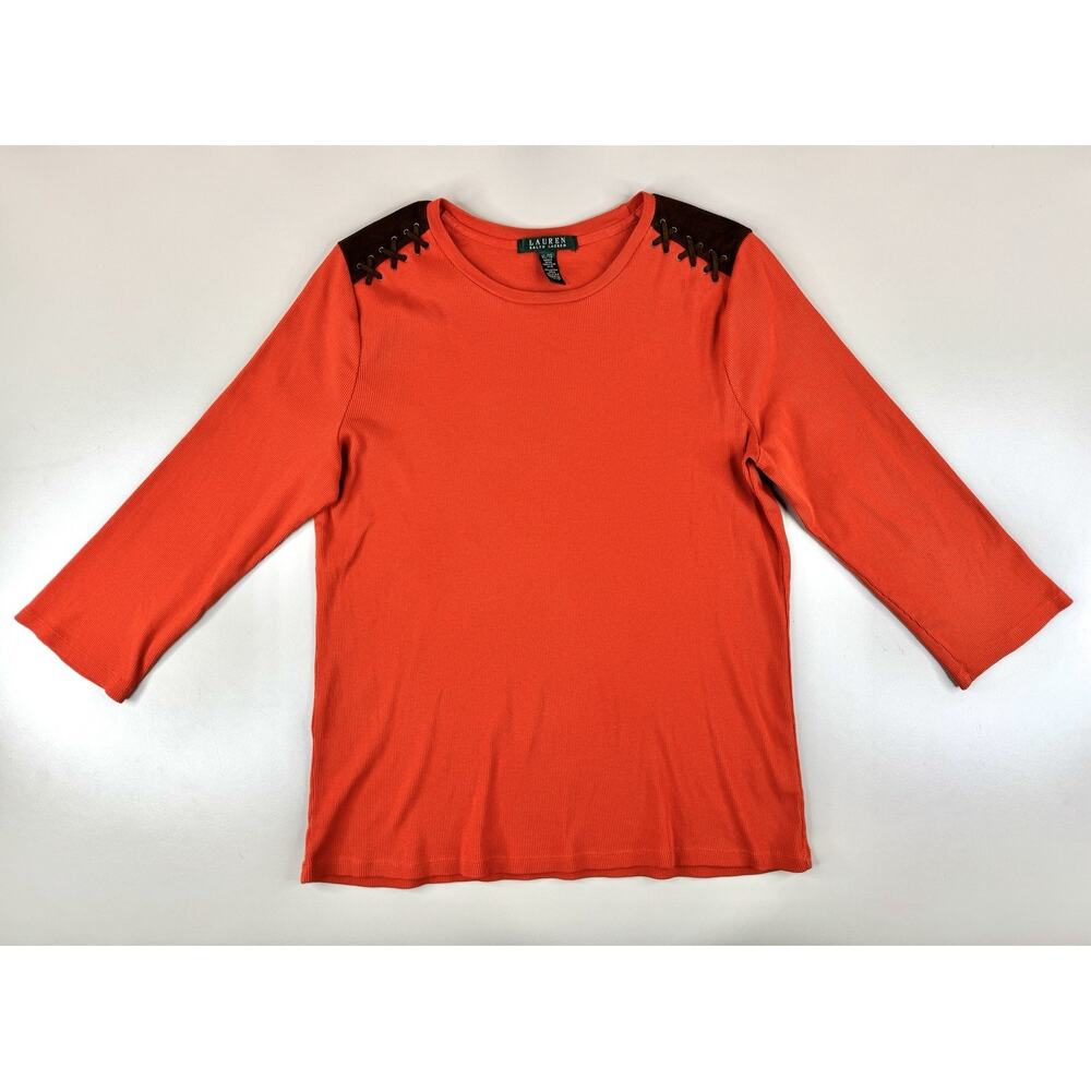Lauren Ralph Lauren Womens Top XL Orange Faux Suede Shoulder Equestrian Cotton‎